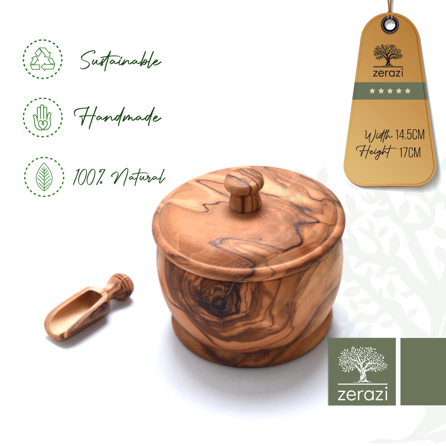Zerazi | Set of 2 Sugar Bowls with 2 Dosers | Olive Wood | Ecological | Entirely Handmade | Sustainable | Hygienic