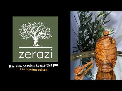 Zerazi | Pot À Miel Avec Cuillère À Miel | Bois d’Olivier | Écologique | Entièrement Fabriqué À La Main | Durable | Hygiénique…