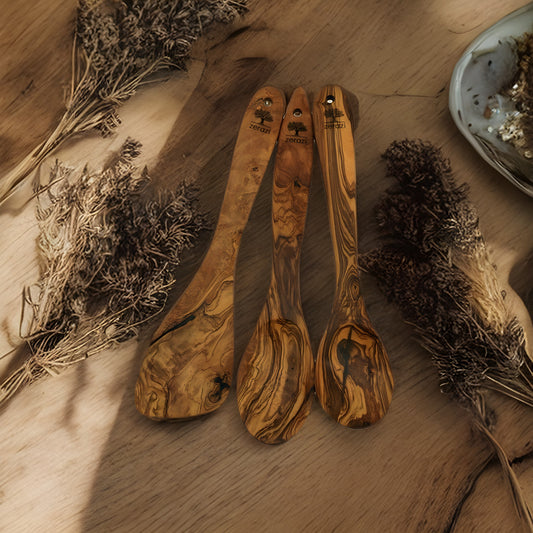 Zerazi | Set of 3 Kitchen Utensils | Olive Wood | 2 Spoons | 1 Spatula | 30cm | Fully Handmade | Durable | Hygienic