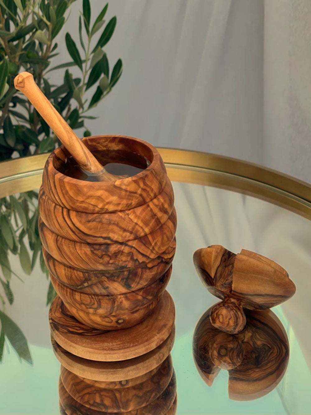 Zerazi | Honey Pot With Honey Spoon | Olive Wood | Ecological | Entirely Handmade | Durable | Hygienic...